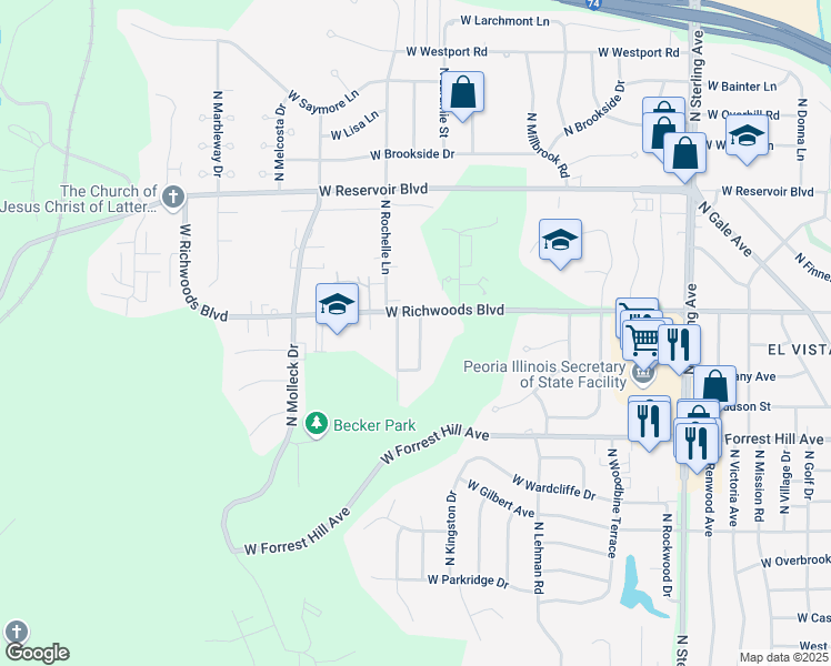 map of restaurants, bars, coffee shops, grocery stores, and more near 3315 North Brooks Lane in Peoria