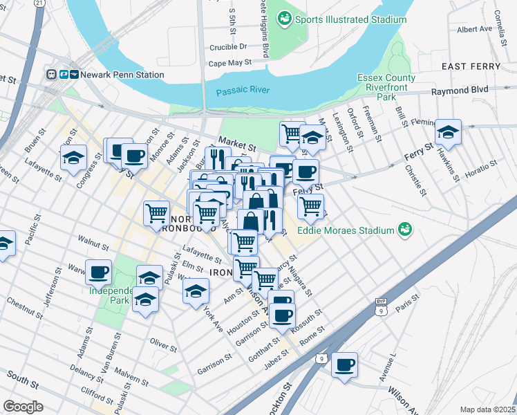 map of restaurants, bars, coffee shops, grocery stores, and more near 269 Ferry Street in Newark