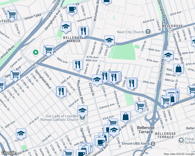 map of restaurants, bars, coffee shops, grocery stores, and more near 89-56 Moline Street in Queens