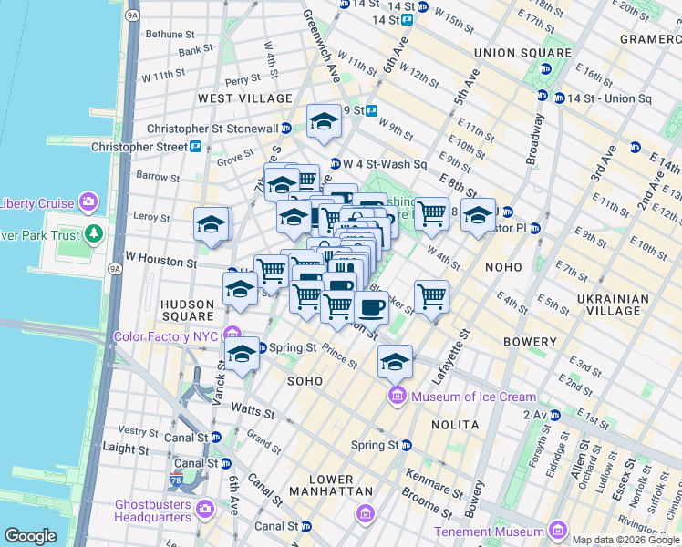 map of restaurants, bars, coffee shops, grocery stores, and more near 510 LaGuardia Place in New York