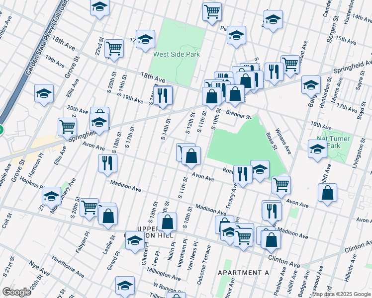 map of restaurants, bars, coffee shops, grocery stores, and more near 722 South 12th Street in Newark