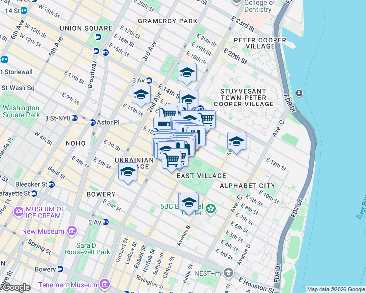 map of restaurants, bars, coffee shops, grocery stores, and more near 267 East 10th Street in New York