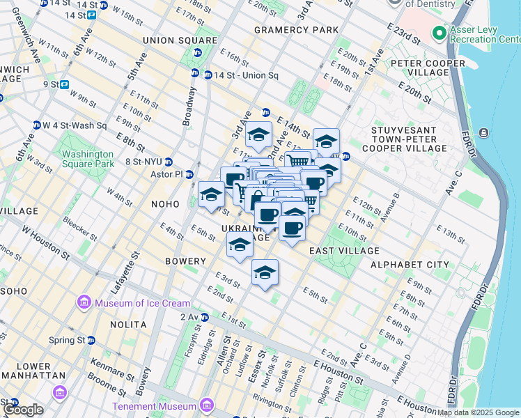 map of restaurants, bars, coffee shops, grocery stores, and more near 49 St Marks Pl in New York
