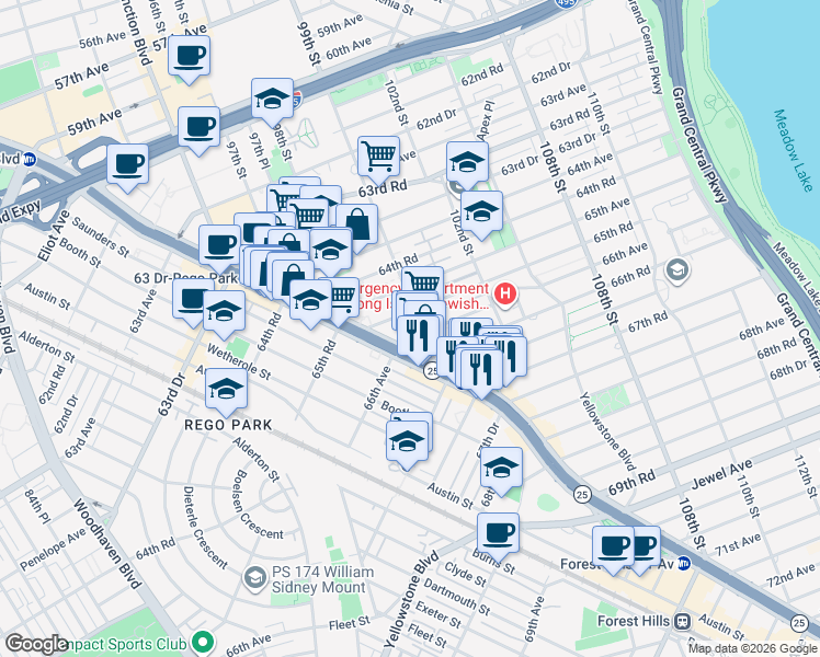 map of restaurants, bars, coffee shops, grocery stores, and more near 99-65 64th Avenue in Queens