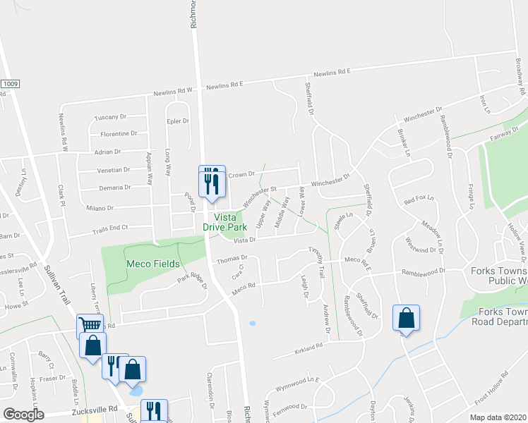 map of restaurants, bars, coffee shops, grocery stores, and more near 2655 Upper Way in Easton