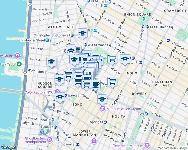 map of restaurants, bars, coffee shops, grocery stores, and more near 145 Bleecker Street in New York