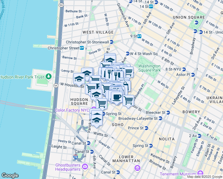 map of restaurants, bars, coffee shops, grocery stores, and more near 5 King Street in New York
