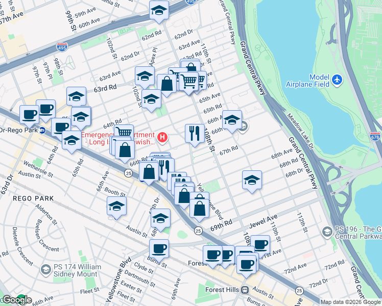 map of restaurants, bars, coffee shops, grocery stores, and more near 67-12 Yellowstone Boulevard in Queens