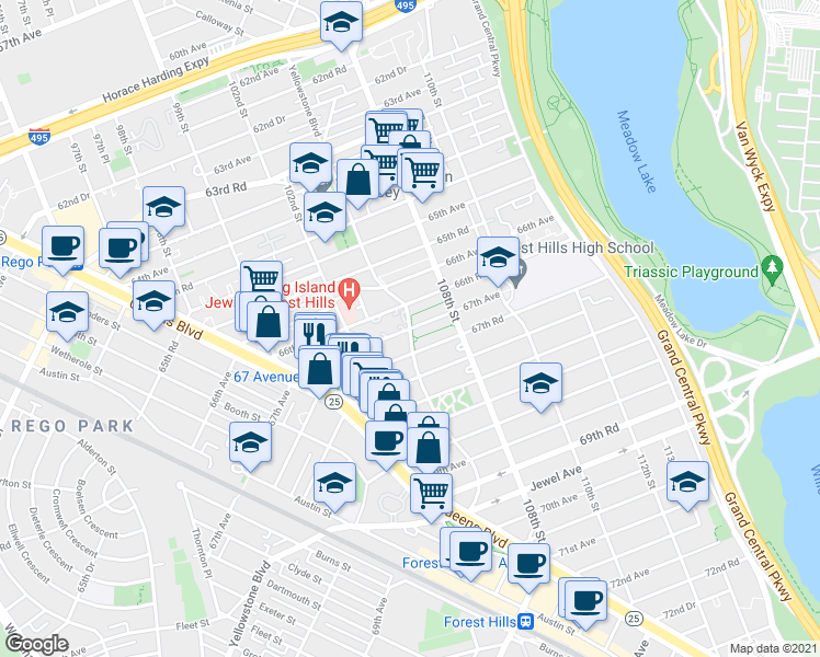 map of restaurants, bars, coffee shops, grocery stores, and more near Yellowstone Boulevard & 67th Avenue in Queens