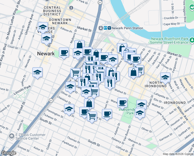 map of restaurants, bars, coffee shops, grocery stores, and more near 195 Walnut Street in Newark