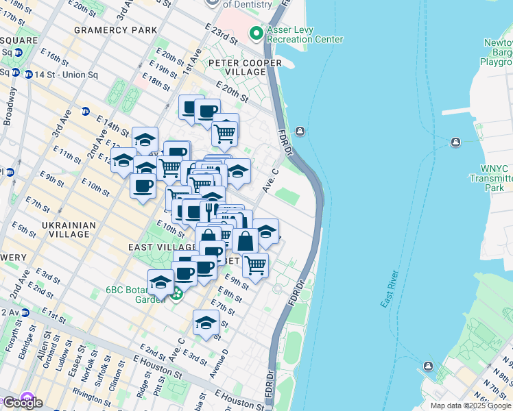 map of restaurants, bars, coffee shops, grocery stores, and more near Avenue C & E 14th St in New York