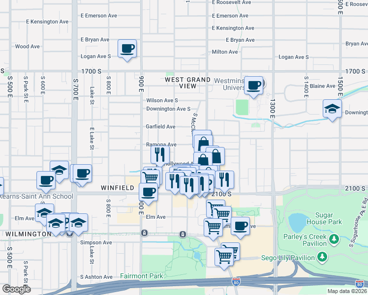 map of restaurants, bars, coffee shops, grocery stores, and more near 1024 Ramona Avenue in Salt Lake City