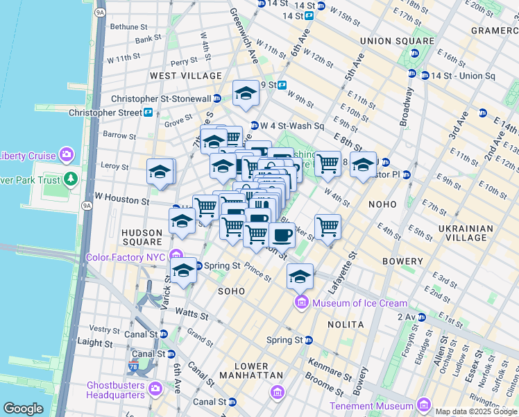 map of restaurants, bars, coffee shops, grocery stores, and more near 145 Bleecker Street in New York