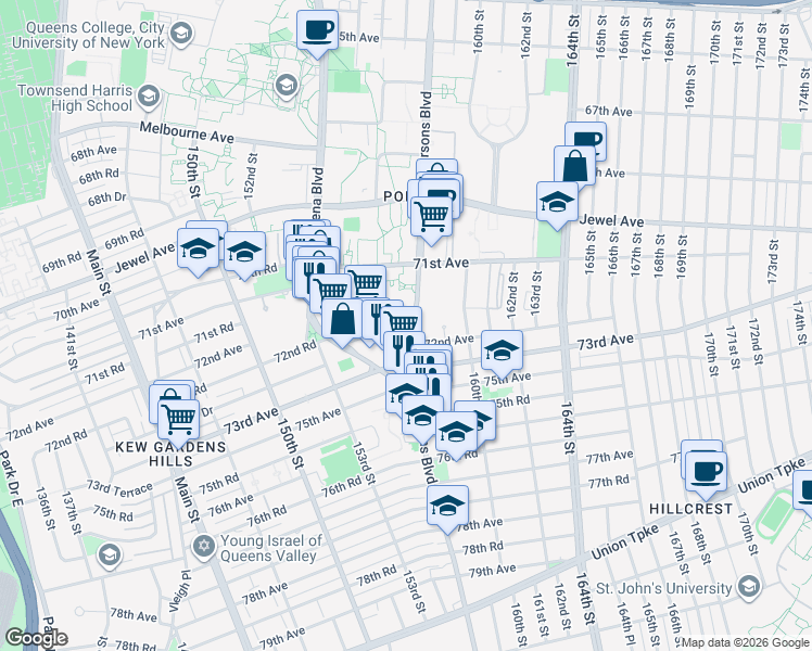 map of restaurants, bars, coffee shops, grocery stores, and more near 156-11 Aguilar Avenue in Queens