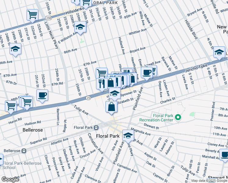 map of restaurants, bars, coffee shops, grocery stores, and more near 190 Jericho Turnpike in Floral Park