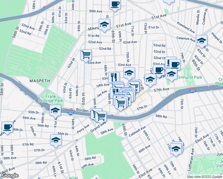 map of restaurants, bars, coffee shops, grocery stores, and more near 5436B 69th Street in Queens