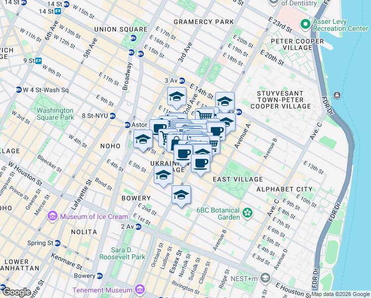 map of restaurants, bars, coffee shops, grocery stores, and more near 69 Saint Marks Place in New York