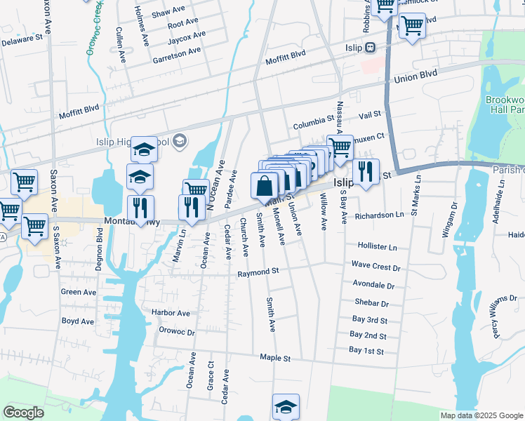 map of restaurants, bars, coffee shops, grocery stores, and more near 28 Monell Avenue in Islip