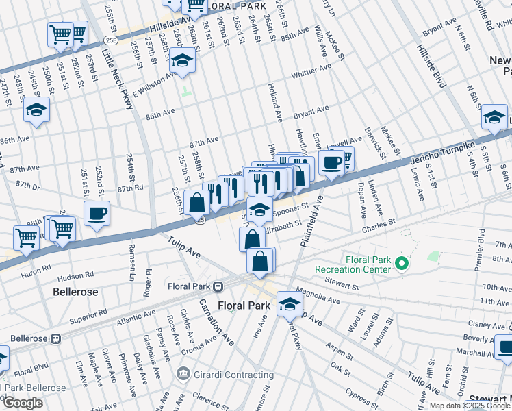 map of restaurants, bars, coffee shops, grocery stores, and more near 188 New York 25 in Floral Park