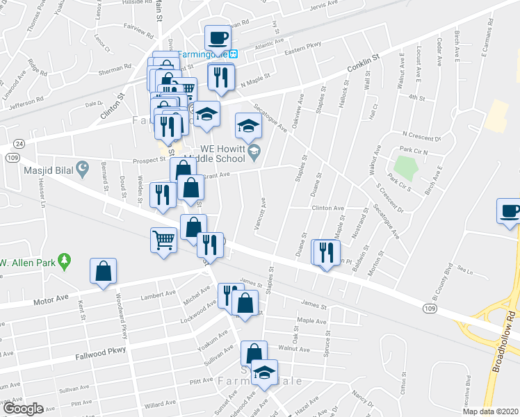 map of restaurants, bars, coffee shops, grocery stores, and more near 280 Vancott Avenue in Farmingdale