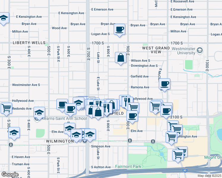 map of restaurants, bars, coffee shops, grocery stores, and more near 807 Ramona Avenue in Salt Lake City