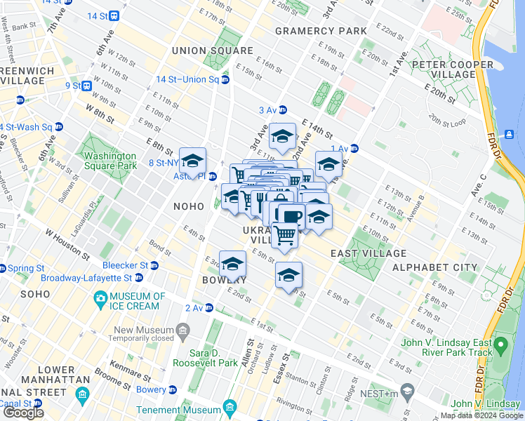 map of restaurants, bars, coffee shops, grocery stores, and more near 127 2nd Avenue in New York