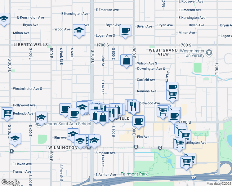 map of restaurants, bars, coffee shops, grocery stores, and more near 807 Ramona Avenue in Salt Lake City