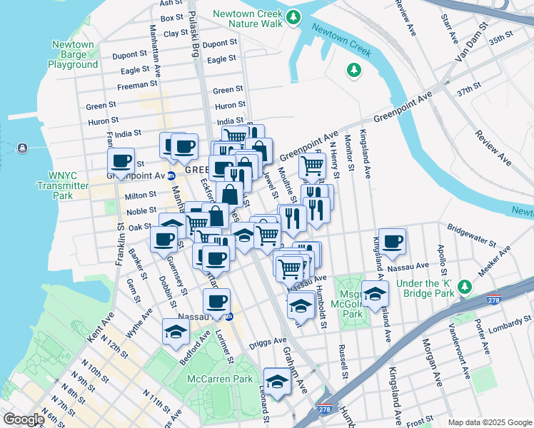 map of restaurants, bars, coffee shops, grocery stores, and more near Meserole Ave & Diamond St in Brooklyn