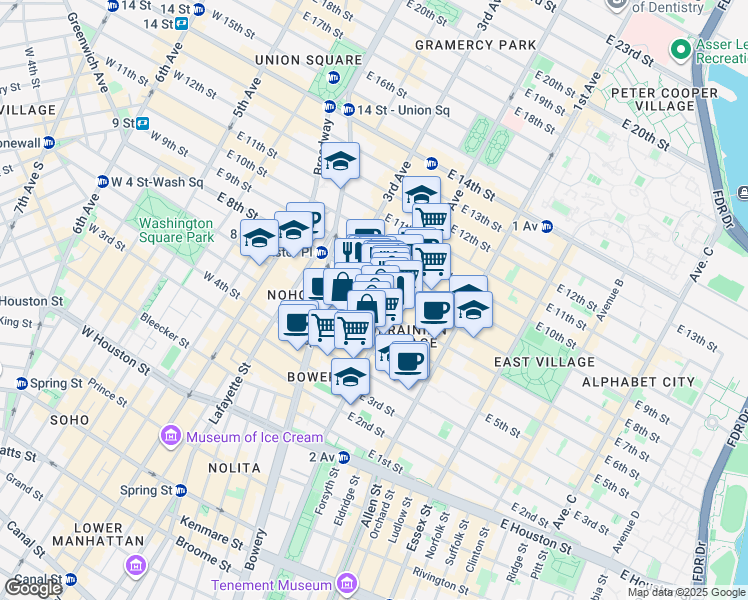map of restaurants, bars, coffee shops, grocery stores, and more near 35 East 7th Street in New York