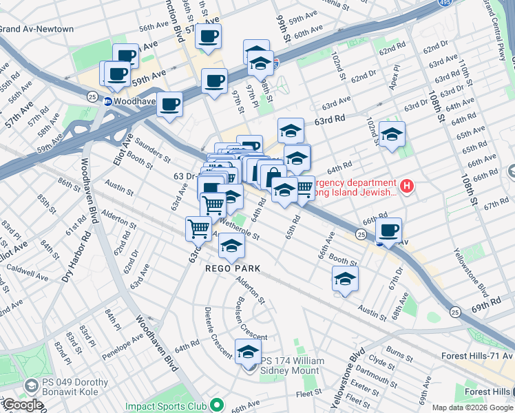 map of restaurants, bars, coffee shops, grocery stores, and more near 95-19 64th Road in Queens