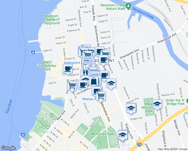 map of restaurants, bars, coffee shops, grocery stores, and more near 195 Calyer Street in Brooklyn