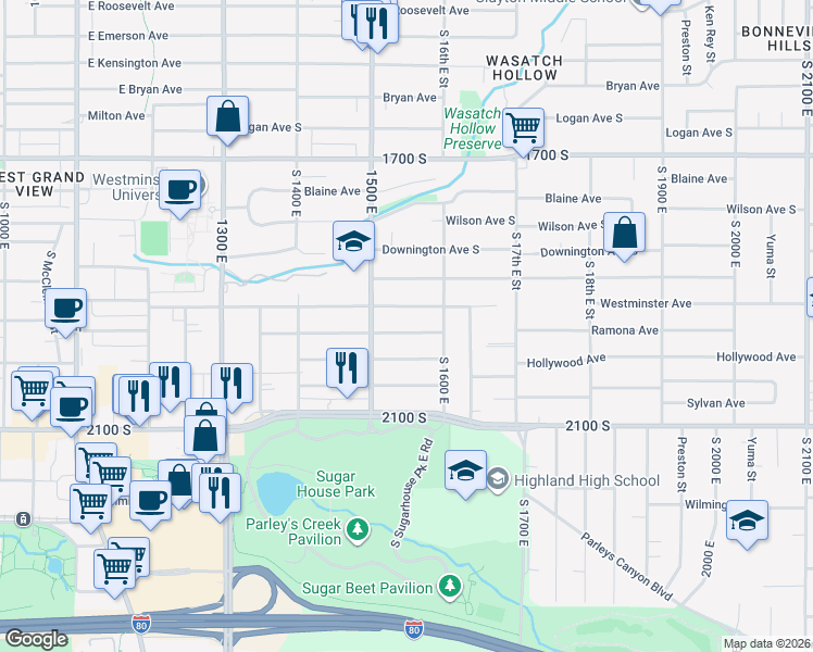 map of restaurants, bars, coffee shops, grocery stores, and more near 1537 Ramona Avenue in Salt Lake City