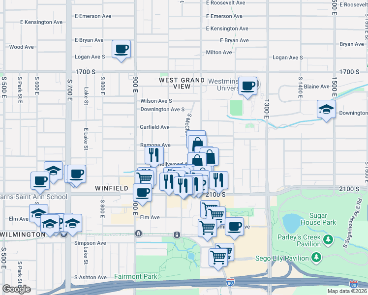 map of restaurants, bars, coffee shops, grocery stores, and more near 1042 Ramona Avenue in Salt Lake City