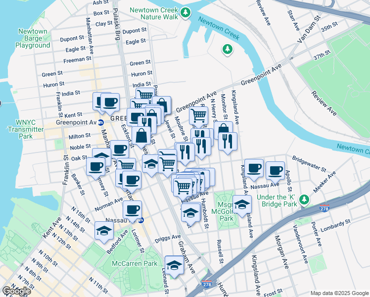 map of restaurants, bars, coffee shops, grocery stores, and more near 94 Jewel Street in Brooklyn