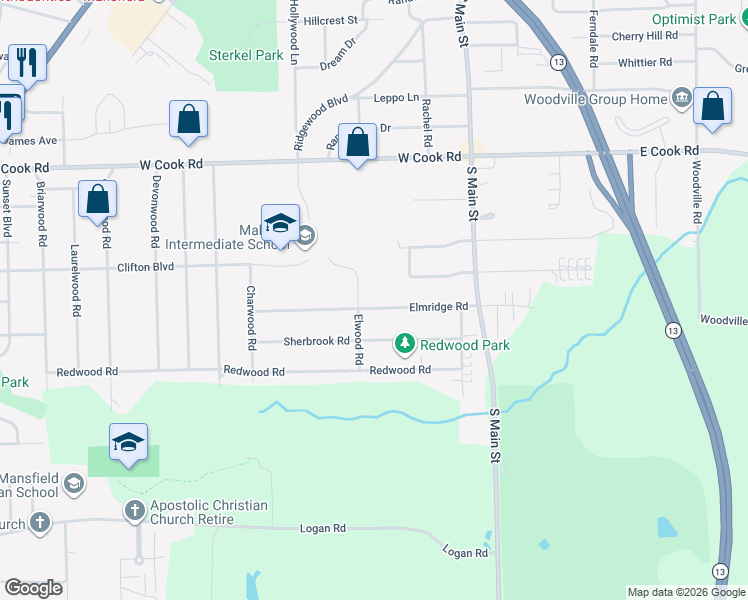 map of restaurants, bars, coffee shops, grocery stores, and more near 107 Elmridge Road in Mansfield