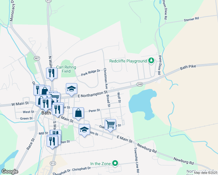 map of restaurants, bars, coffee shops, grocery stores, and more near 105 Christmas Avenue in Bath