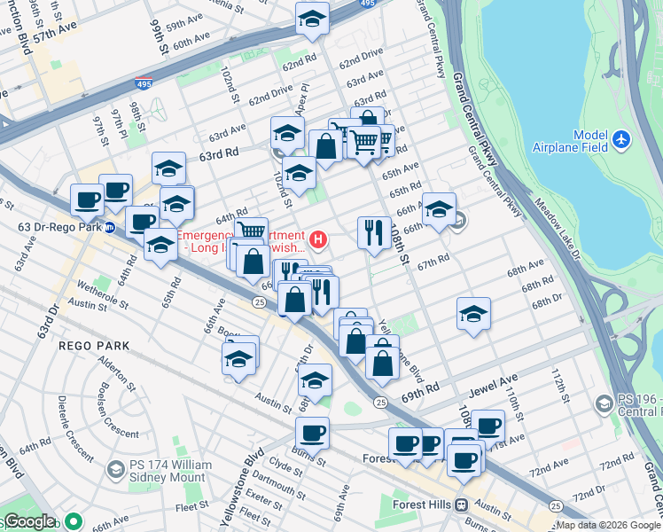 map of restaurants, bars, coffee shops, grocery stores, and more near 102-31 67th Avenue in Queens