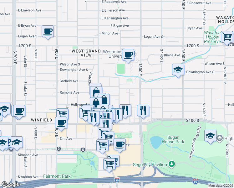 map of restaurants, bars, coffee shops, grocery stores, and more near 1937 South 12th East in Salt Lake City