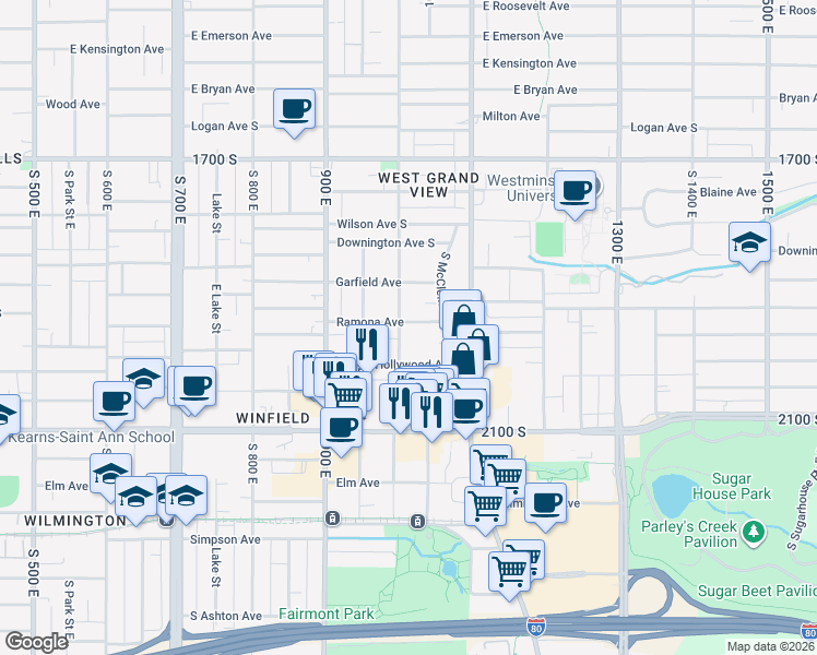map of restaurants, bars, coffee shops, grocery stores, and more near 1938 South 1000 East in Salt Lake City