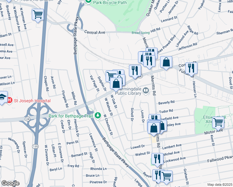 map of restaurants, bars, coffee shops, grocery stores, and more near 43 Colonial Drive in Farmingdale