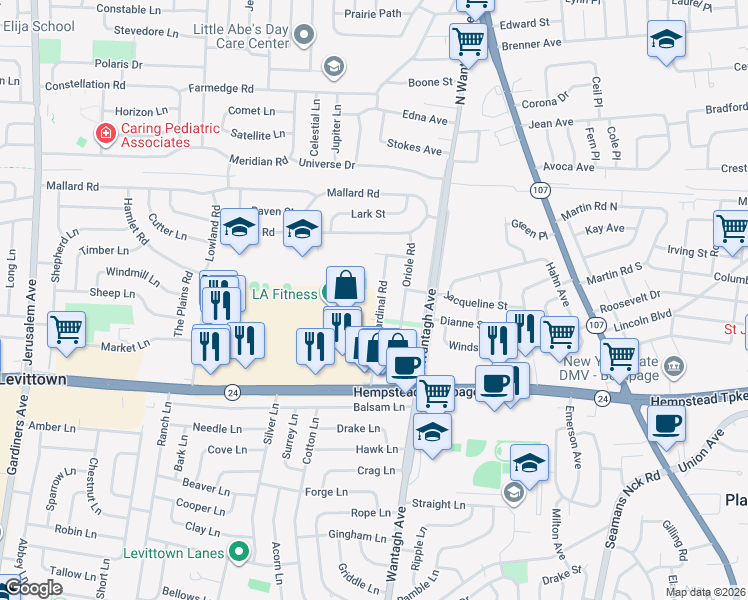 map of restaurants, bars, coffee shops, grocery stores, and more near 3601 Hempstead Turnpike in Levittown