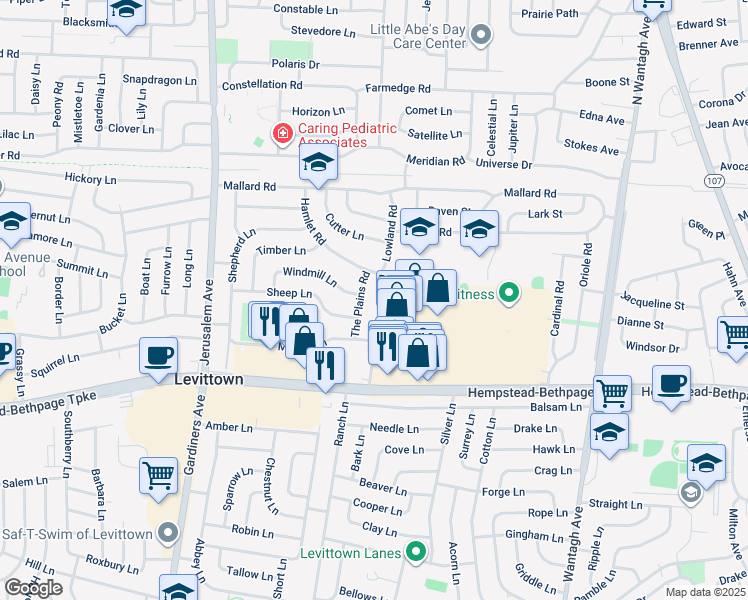 map of restaurants, bars, coffee shops, grocery stores, and more near 25 The Plains Road in Levittown