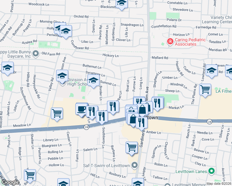 map of restaurants, bars, coffee shops, grocery stores, and more near 71 Bucket Lane in Levittown