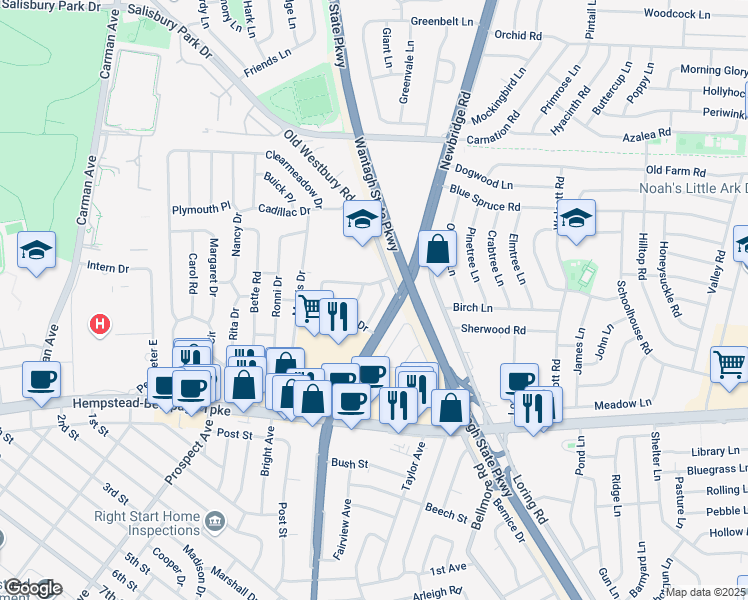 map of restaurants, bars, coffee shops, grocery stores, and more near 78 Jesse Place in East Meadow