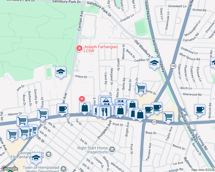 map of restaurants, bars, coffee shops, grocery stores, and more near 97 Margaret Drive in East Meadow
