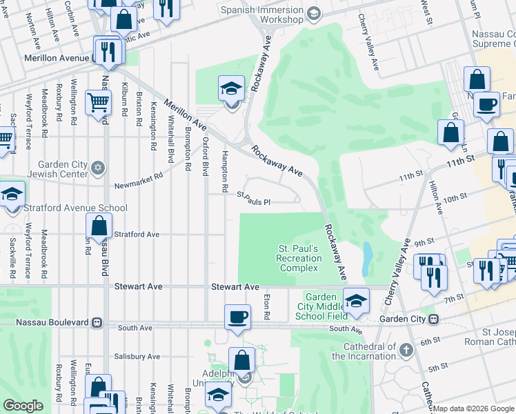 map of restaurants, bars, coffee shops, grocery stores, and more near 14 Saint Pauls Place in Garden City