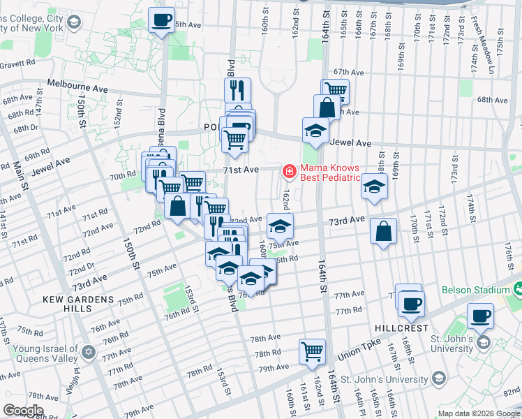 map of restaurants, bars, coffee shops, grocery stores, and more near in Queens