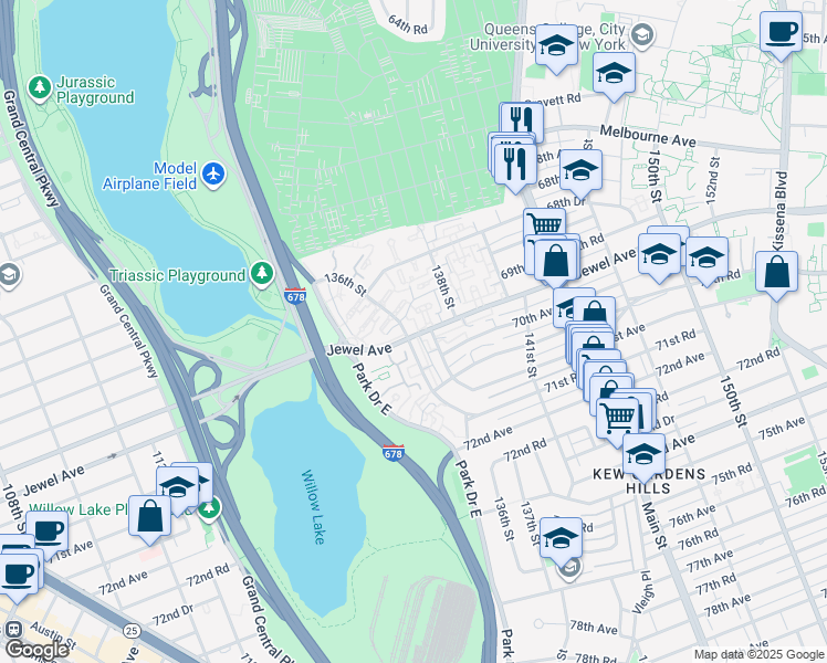 map of restaurants, bars, coffee shops, grocery stores, and more near 69-68 137th Street in Queens