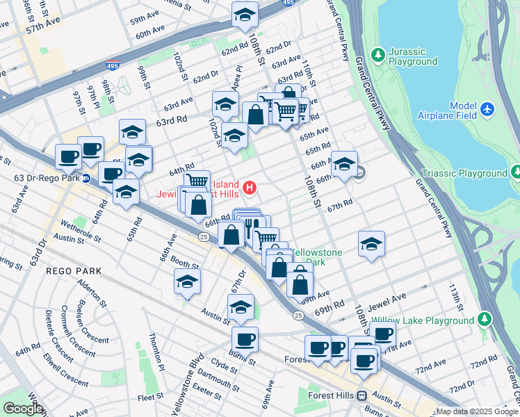 map of restaurants, bars, coffee shops, grocery stores, and more near 102-31 67th Avenue in Queens