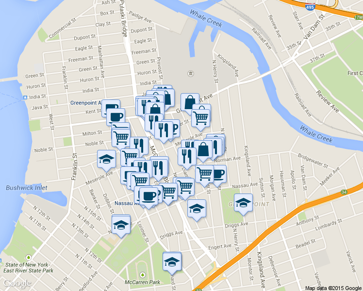 map of restaurants, bars, coffee shops, grocery stores, and more near 167 Diamond Street in Brooklyn